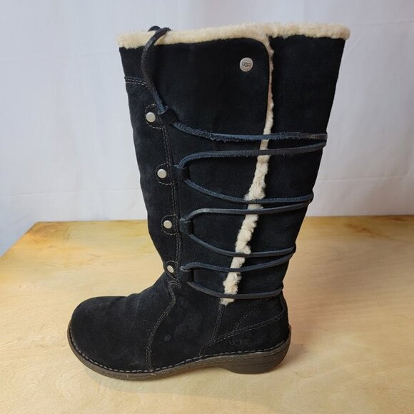 UGG SURFCAT 5158 Size 7 Leather Sheepskin Black Mid-Calf Lace Up Snow Boots - Picture 3 of 10